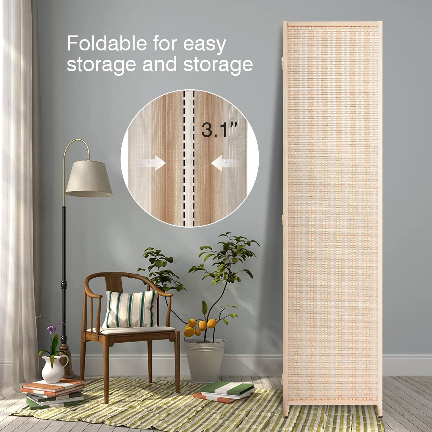 FDW Room Divider Bamboo Room Divider Wall Folding Privacy Wall Divider Wood Screen for Home Bedroom Living Room (6 Panel, Natural)