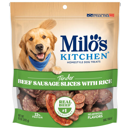 Milo's Kitchen Homestyle Dog Treats, Beef Sausage Slices, 10 Ounce, High Protein, No Artificial Flavors