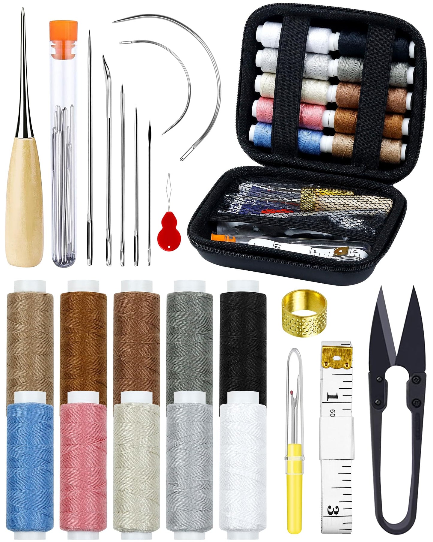 PLANTIONAL Upholstery Repair Sewing Kit: 47 Pieces Heavy Duty Sewing Kit with Sewing Awl, Seam Ripper, Leather Hand Sewing Stitching Needles, Sewing Thread for Car, Sofa, Backpack, Shoe, Craft DIY