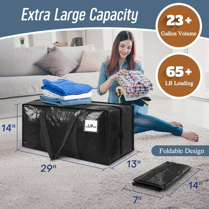 6 Pack Extra Heavy Duty Large Moving Bags with Strong Zipper & Comfortable Handles, Sturdy & Durable Clothes Storage Bags Totes Bins, Packing Moving Boxes for College Supplies, Black