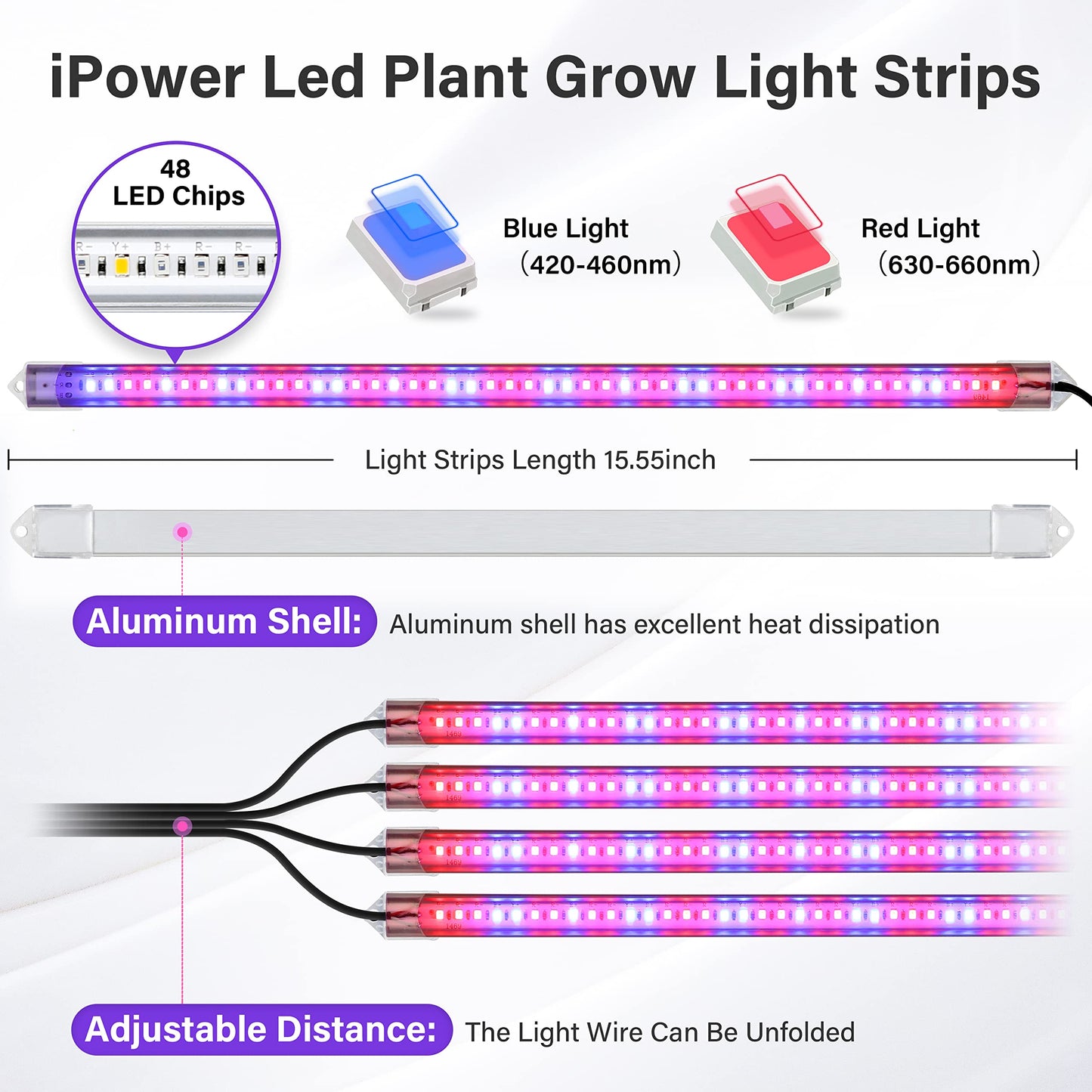 iPower LED Grow Light Strips Full Spectrum for Indoor Plants with Auto ON/Off 3/9/12H Timer, 10 Dimmable Levels 48 LEDs Per Tube, Sunlike Grow Lamp for Hydroponics Succulent, 1 Pack, Red&Blue, 4 Tubes