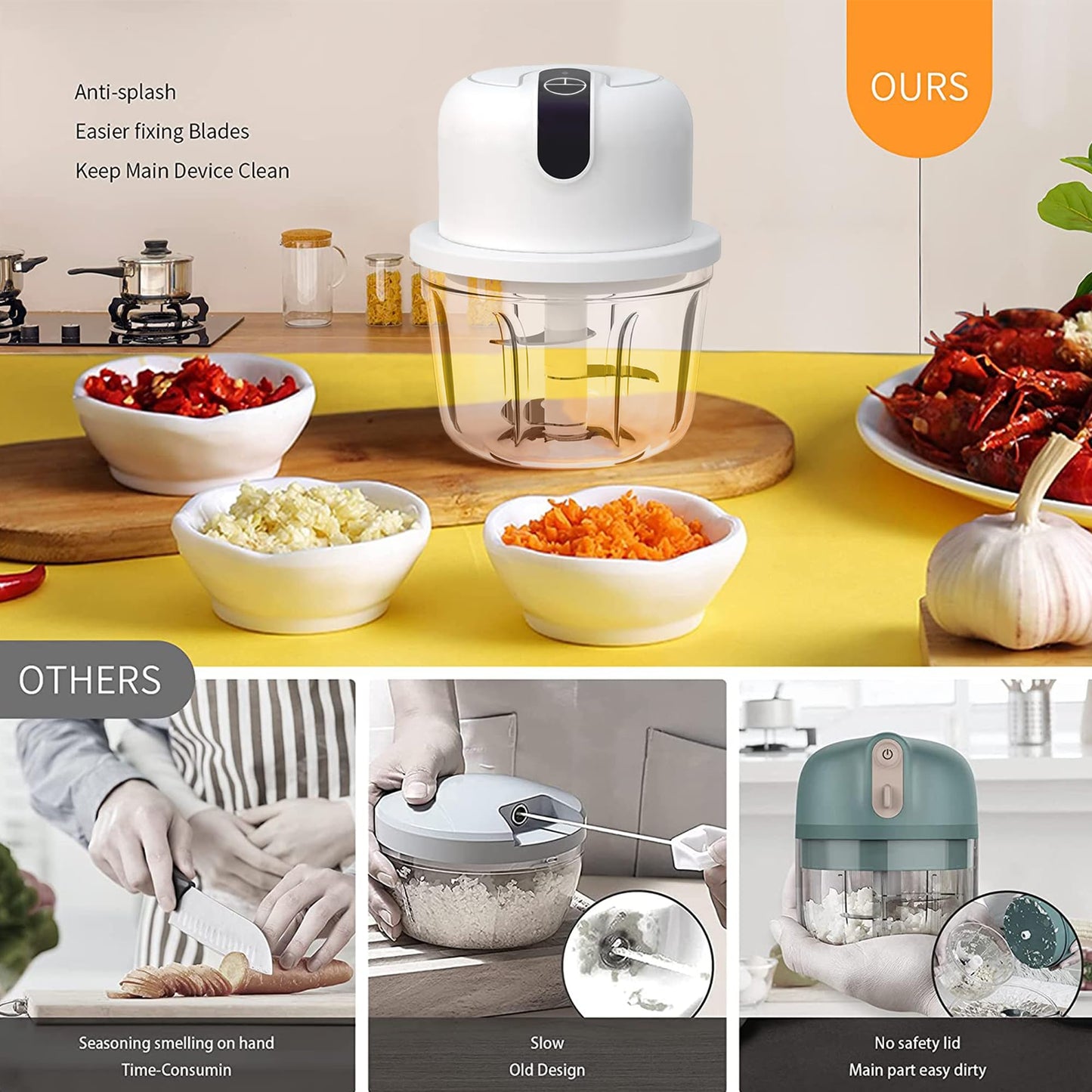 350ML Electric Garlic Chopper, Portable Veggie Chopper,Garlic Grinder Masher Onion Chopper, Blender to Vegetable, Cordless Food Processor for Ginger, Chili, Fruit, Meat, Spices, Beans, etc