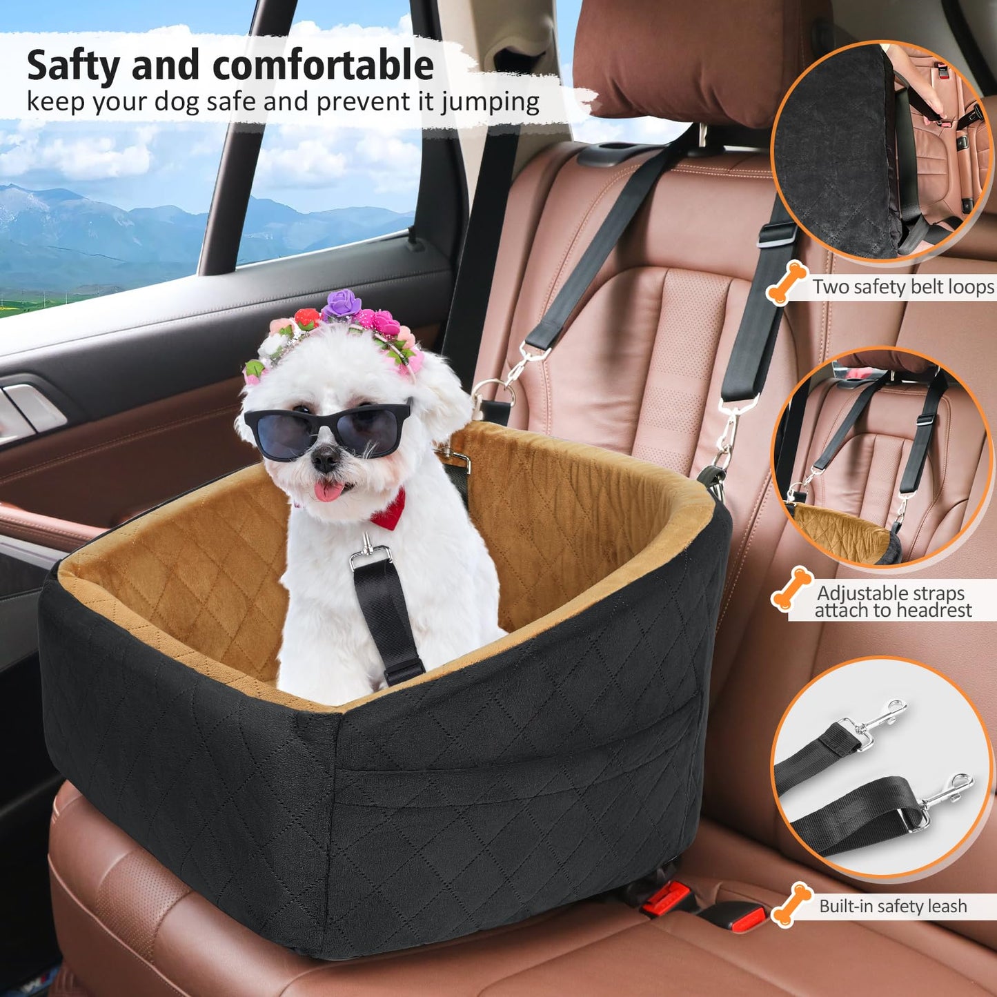 NEEZUKAR Dog Car Seat for Small Medium Dogs,Detachable Washable Dog Booster Seat Under 30lbs, Pet Car Seat Travel Bed with Storage Pockets and Dog Safety Belt(Black/Brown)