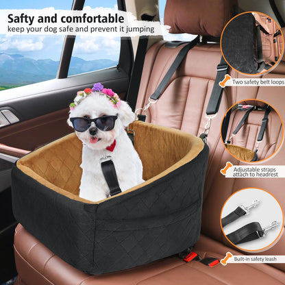 NEEZUKAR Dog Car Seat for Small Medium Dogs,Detachable Washable Dog Booster Seat Under 30lbs, Pet Car Seat Travel Bed with Storage Pockets and Dog Safety Belt(Black/Brown)