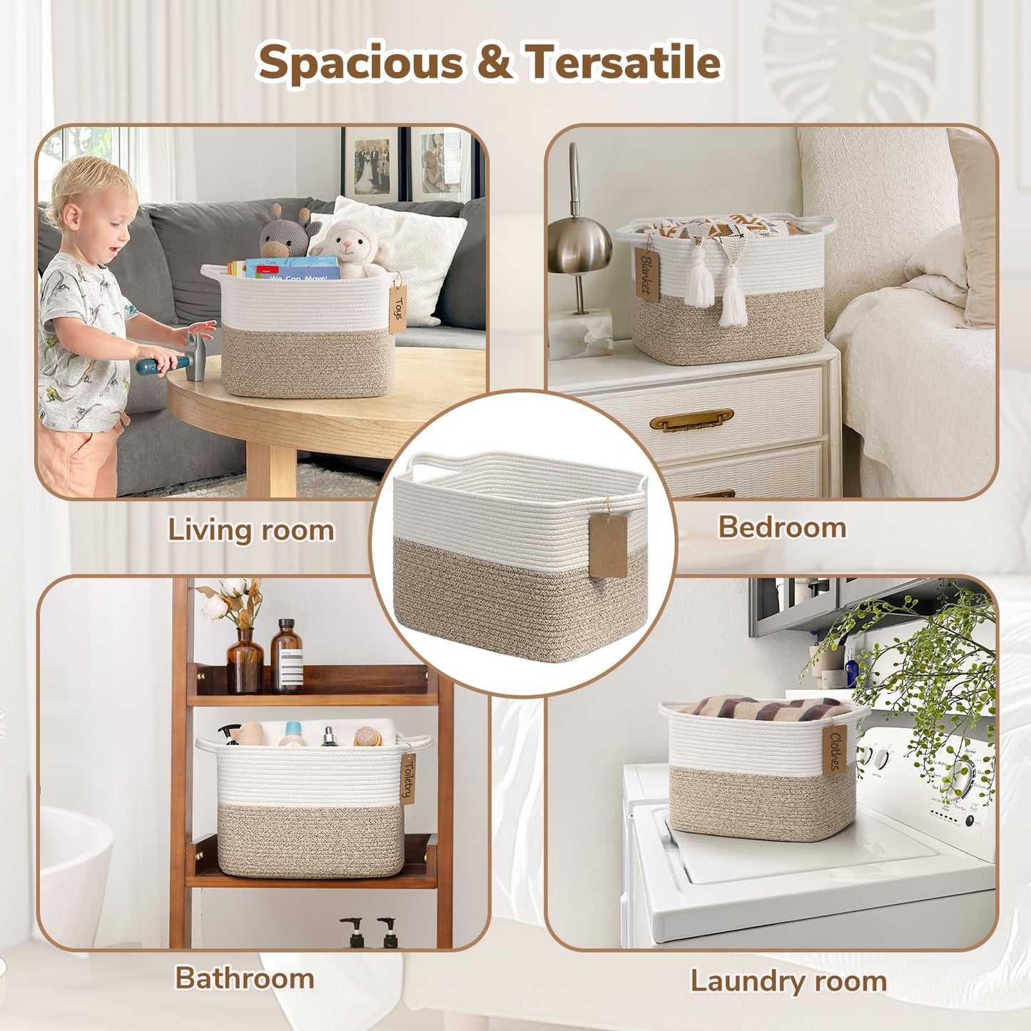 Goodpick Woven Storage Basket, Cotton Rope Basket for Dog Toys, Books, Stylish Gift Basket with Handles, 13 x 10 x 9 Inches Square Baskets for Organizing, Brown and White