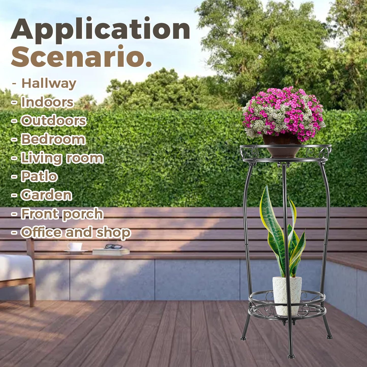 Kavlium Plant Stand Indoor Outdoor，Tall Black Metal Rustproof Stable Plant Stands，2 Tier 27.1 inch Multiple Plant Rack Holder Rack Flower Pot Stand Heavy Duty Plant Shelf