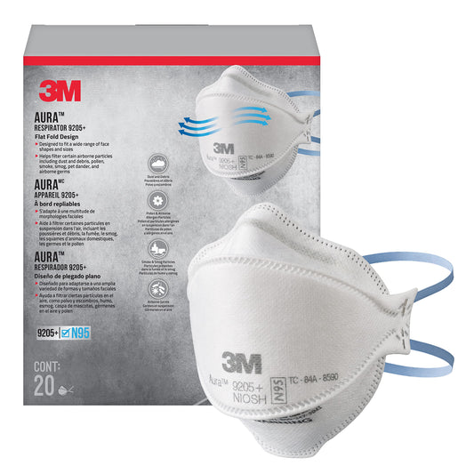 3M Aura Particulate N95 Respirator 9205+, Flat Fold Lightweight Design, Non-Valved, 20 Count (Pack of 1)