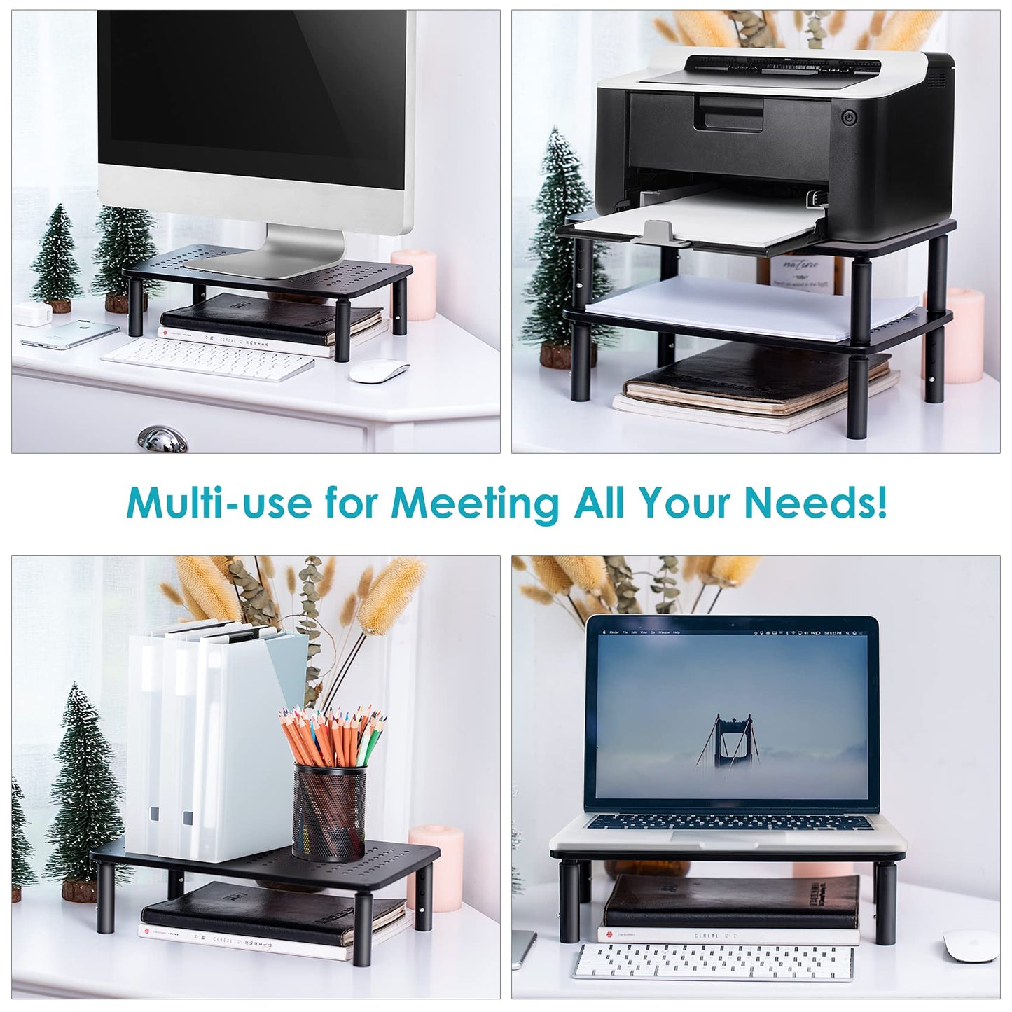 LOTEYIKE TV/Monitor Riser Desktop Stand, Flat Screen, Sturdy Metal Laptop Computer Shelf for Printer, iMac, 3 Height Adjustable PC with Mesh Platform , 2 Pack