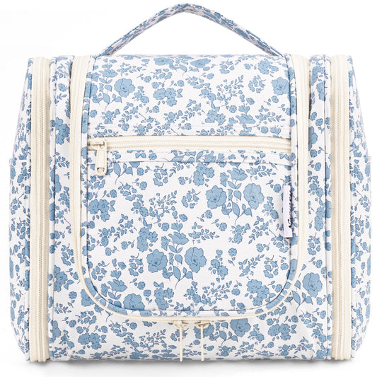 Narwey Hanging Toiletry Bag for Women Travel Makeup Bag Organizer Toiletries Bag for Cosmetics Essentials Accessories (Large, Little Blue Flower)