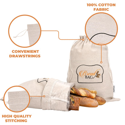 A ARTIZANKA 2 Bread Bags for Homemade and Sourdough Bread, Reusable Cotton Cloth Bags with Plastic Liner and Drawstring, Reusable Food Storage, (2 pack) - 17" x 13" XL