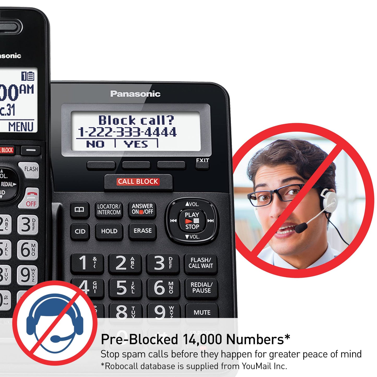 Panasonic Cordless Phone with Advanced Call Block, One-Ring Scam Alert, and 2-Way Recording with Answering Machine, 4 Handsets - KX-TGF944B (Black)