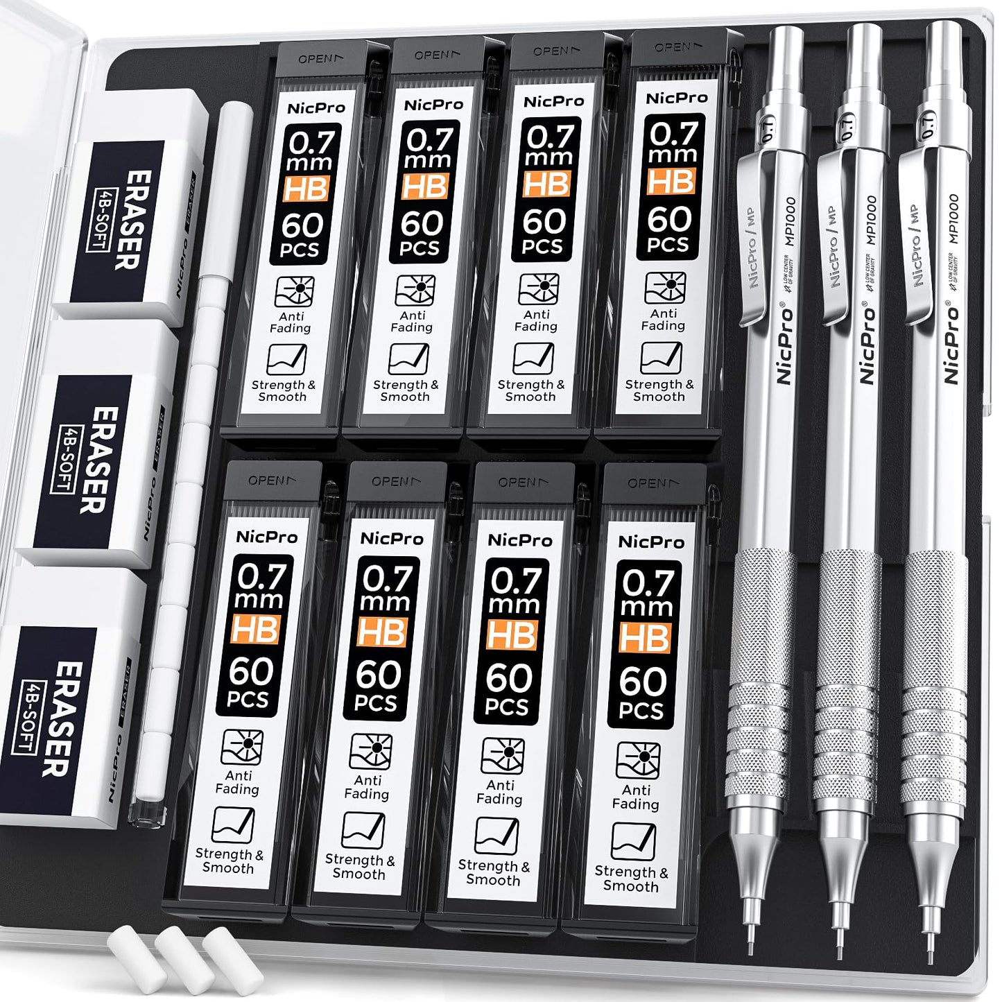 Nicpro 0.7 Metal Mechanical Pencil Set with Case, 3PCS MP1000 0.7mm Artist Lead Pencil With 8 Tube HB Refills, 3 Erasers, 9 Eraser Refill For Architect Art Drafting Drawing Engineering, Sketching