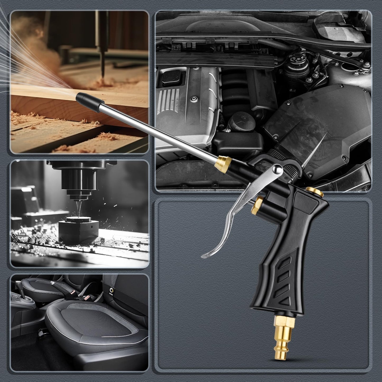 High Volume Air Blow Gun with Brass Adjustable Nozzle, Industrial Blower Gun with 2 Steel Extensions and 13.7 Inch Universal Hose, Pneumatic Air Compressor Accessory Tool