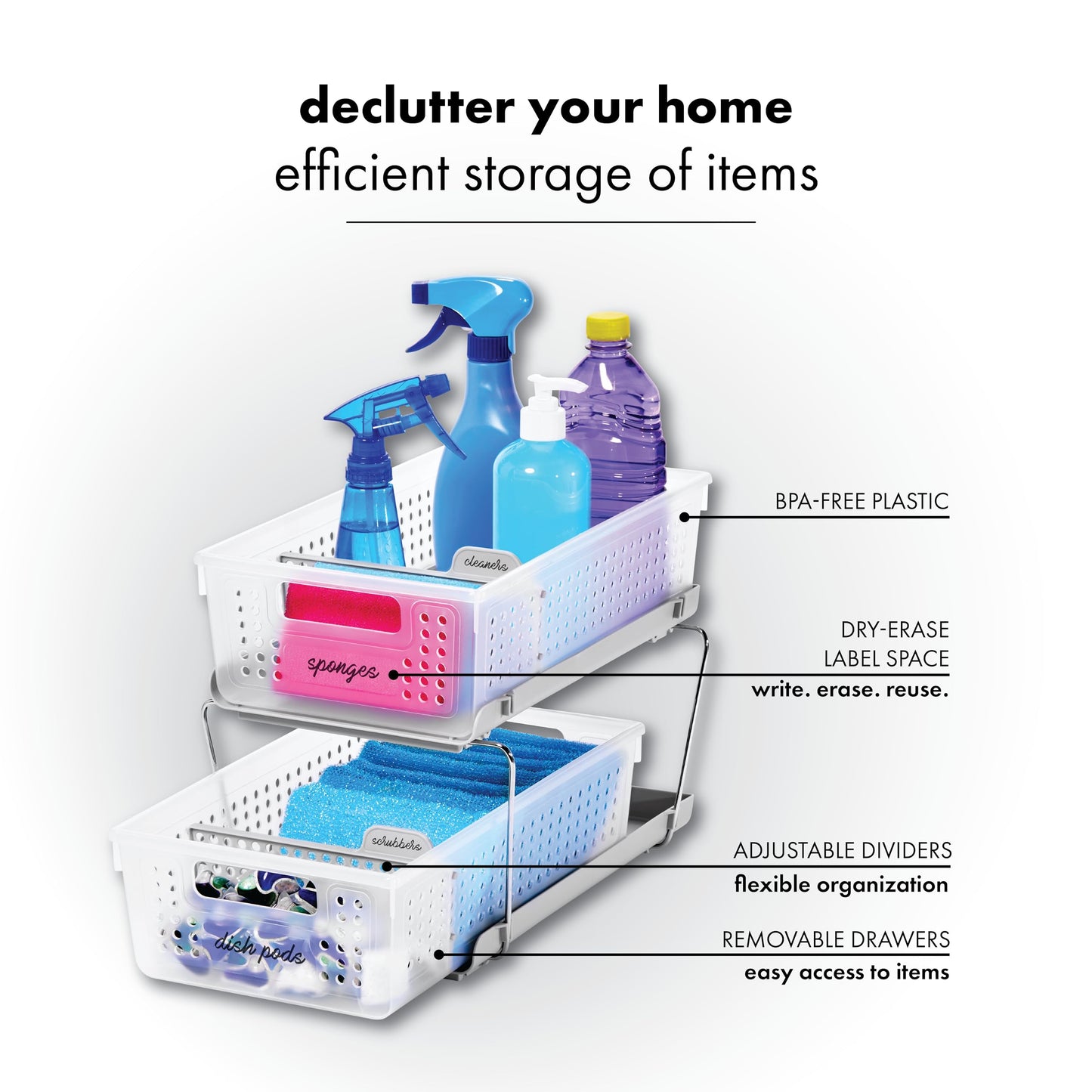 madesmart 2-Tier Organizer, Multi-Purpose Slide-Out Storage Baskets with Handles and Dividers, Frost