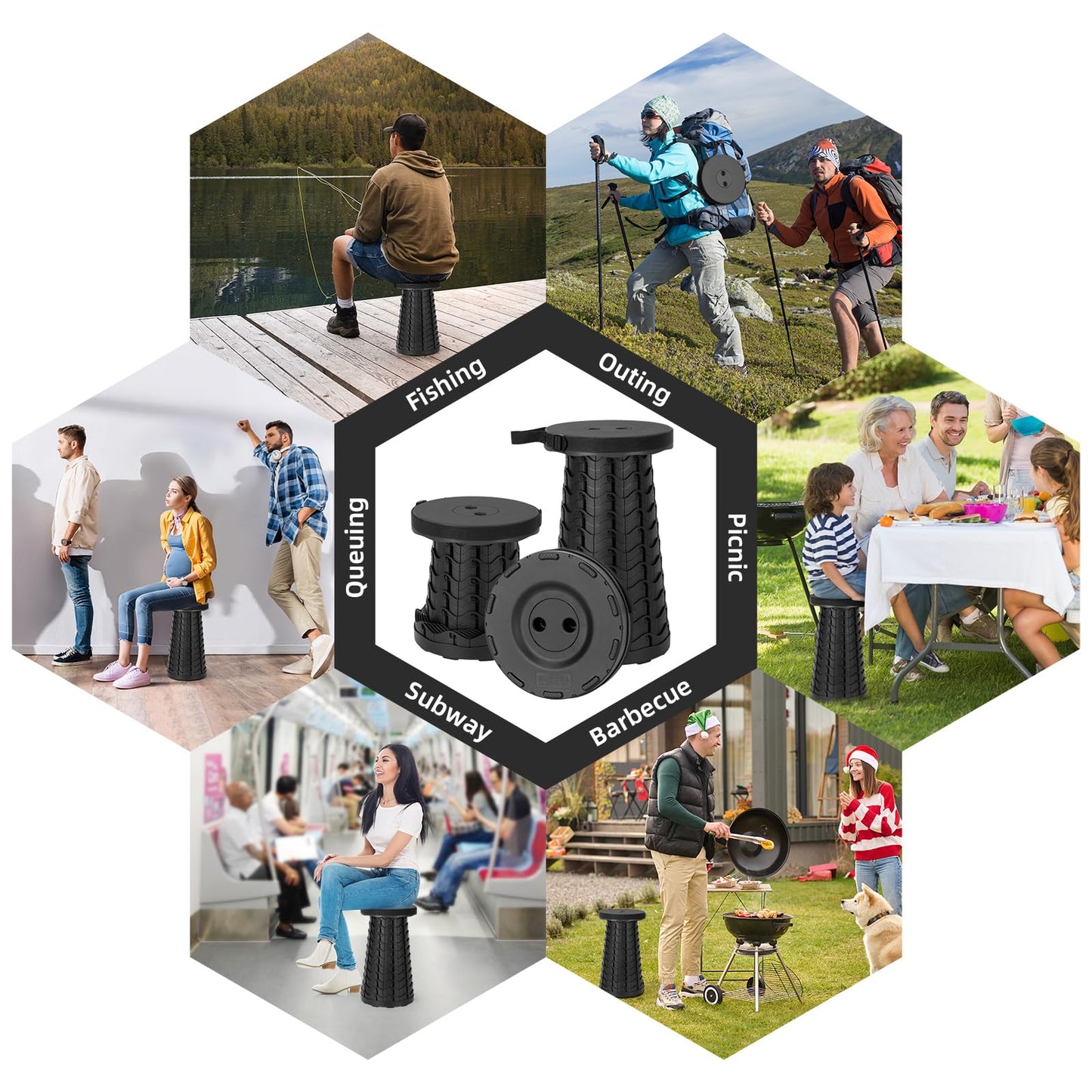 Qiguet Collapsible Stool, Folding Chair - Upgraded Portable Chair with Load Capacity 400lbs, Portable Stool for Camping Fishing Hiking - Folding Tool with Carrying Straps,Gifts for Fisherman (Black)