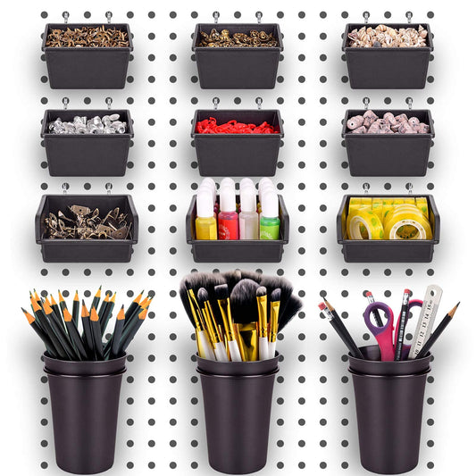 G.CORE 12 Pack Pegboard Bins PegBoard Cups with Hooks & Loops, Peg Board Hooks Assortment Organizer Accessory, Various Tools Storage Arrange System Kit for Garage Craft Workshop Workbench Hobby Office