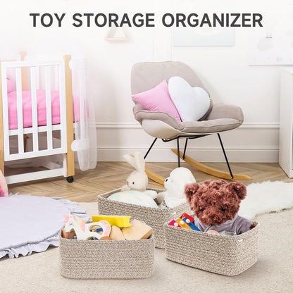 Maxuni 3-Pack Small Storage Baskets for Organizing | Woven Shelf Toy Basket | Rope Baskets for Gifts Empty | Closet Organizer Bins with Handles | Cube Decorative Box | 11.8×7.8×5.1” | Mixed brown