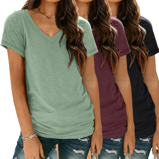 3 Pack V Neck T Shirts for Women Short Sleeve Tshirts Summer Casual Tops Loose Fit Basic Tees GreenRedBlack XL
