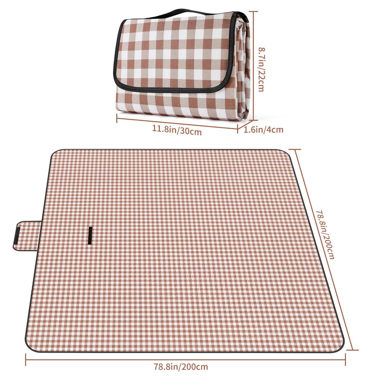 GUSUWU Picnic Blanket Waterproof Beach Rug 80''x80'' Picnic Mat Washable Lightweight with Handle Coffee Checkered for Hiking Travelling Outdoor Camping,Parks