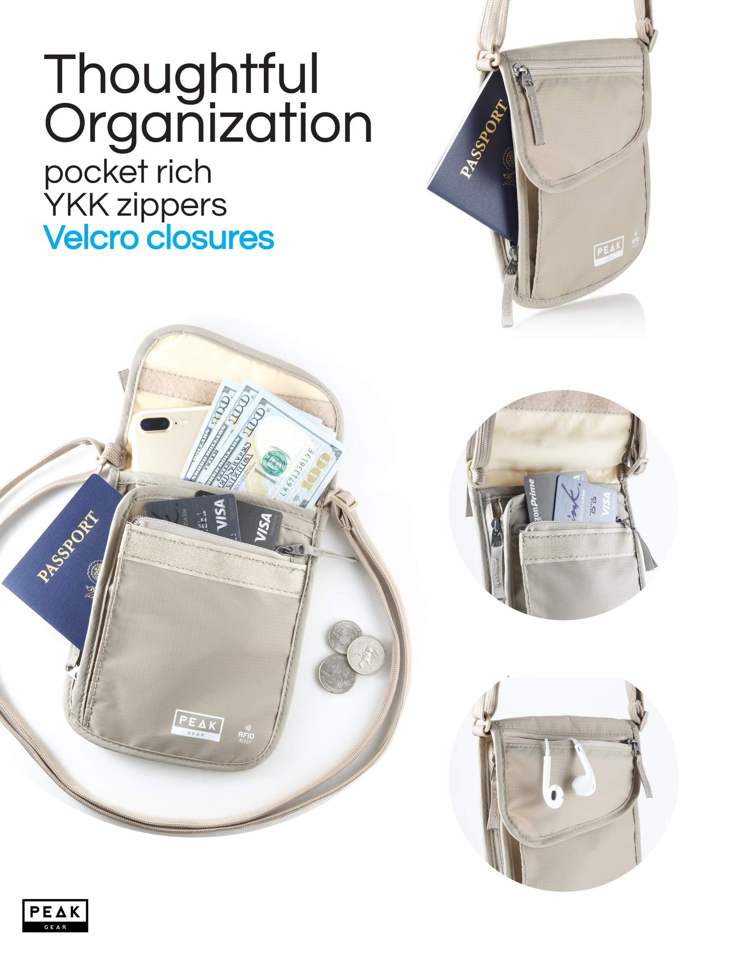 Peak Gear RFID Neck Wallet - The Original Travel Pouch with Adjustable Crossbody Strap + Theft Protection and Lost & Found Service | Beige