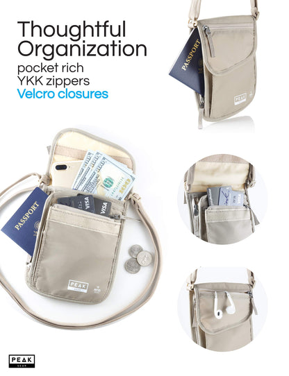 Peak Gear RFID Neck Wallet - The Original Travel Pouch with Adjustable Crossbody Strap + Theft Protection and Lost & Found Service | Beige