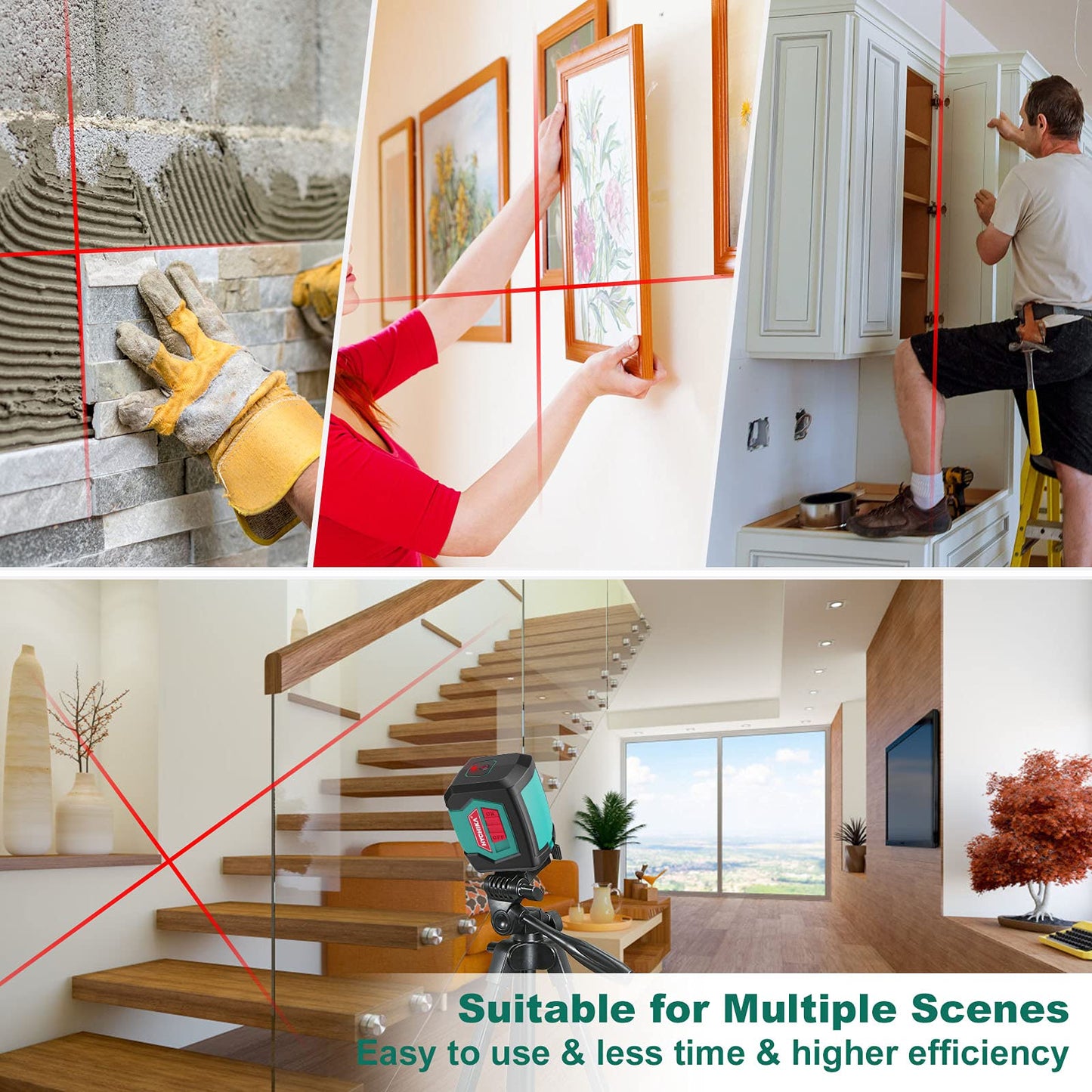 Laser Level, HYCHIKA 50 Feet Cross Line Laser with Dual Modules, Self Leveling Laser Level, Switchable Self-Leveling Vertical and Horizontal Line Construction Picture Hanging, Battery Included