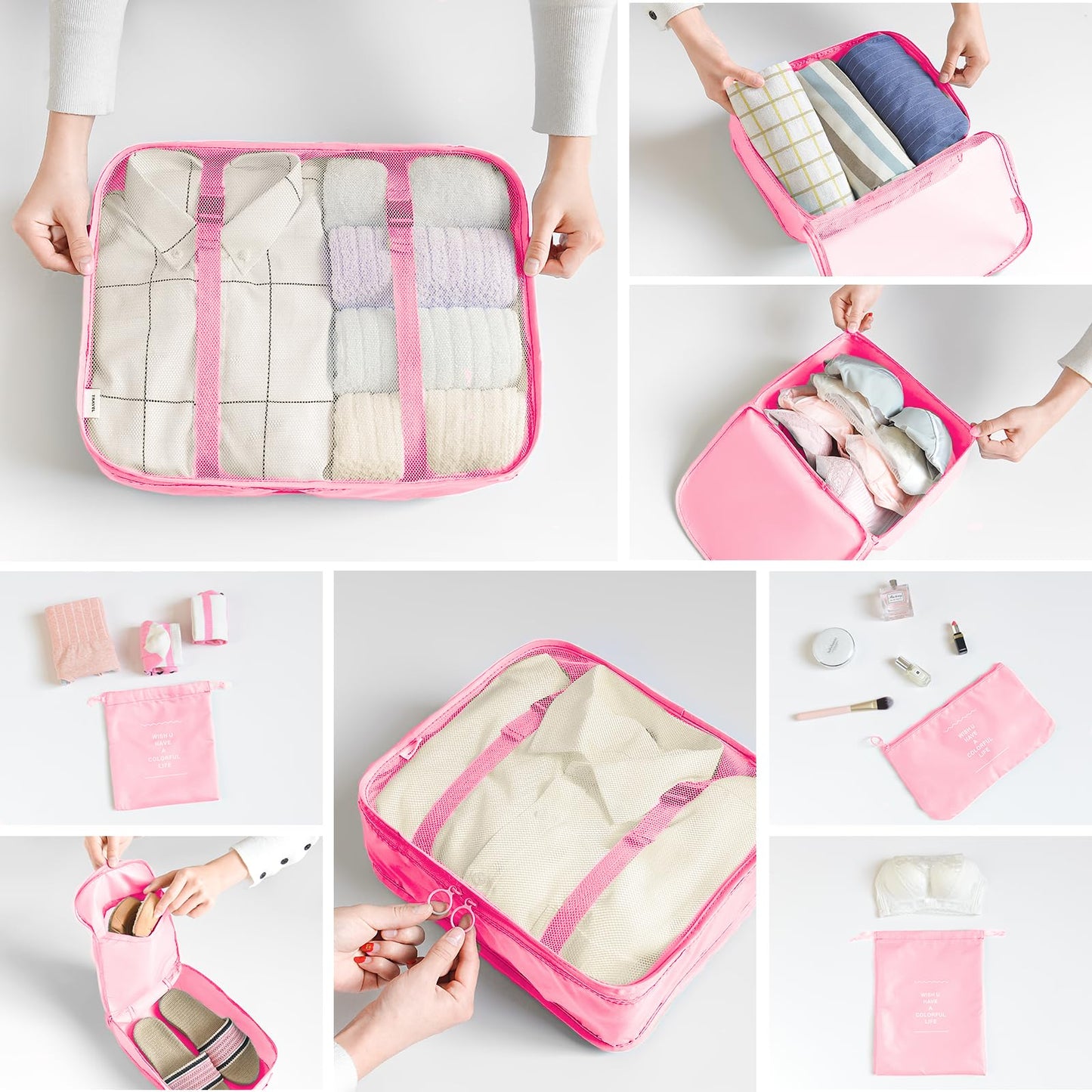 8 Set Packing Cubes for Suitcases Travel Luggage Packing Organizers,Travel Essentials Luggage Organizer Accessories for Shoe Bag Tioletry Bag Laundry Bag (Pink)