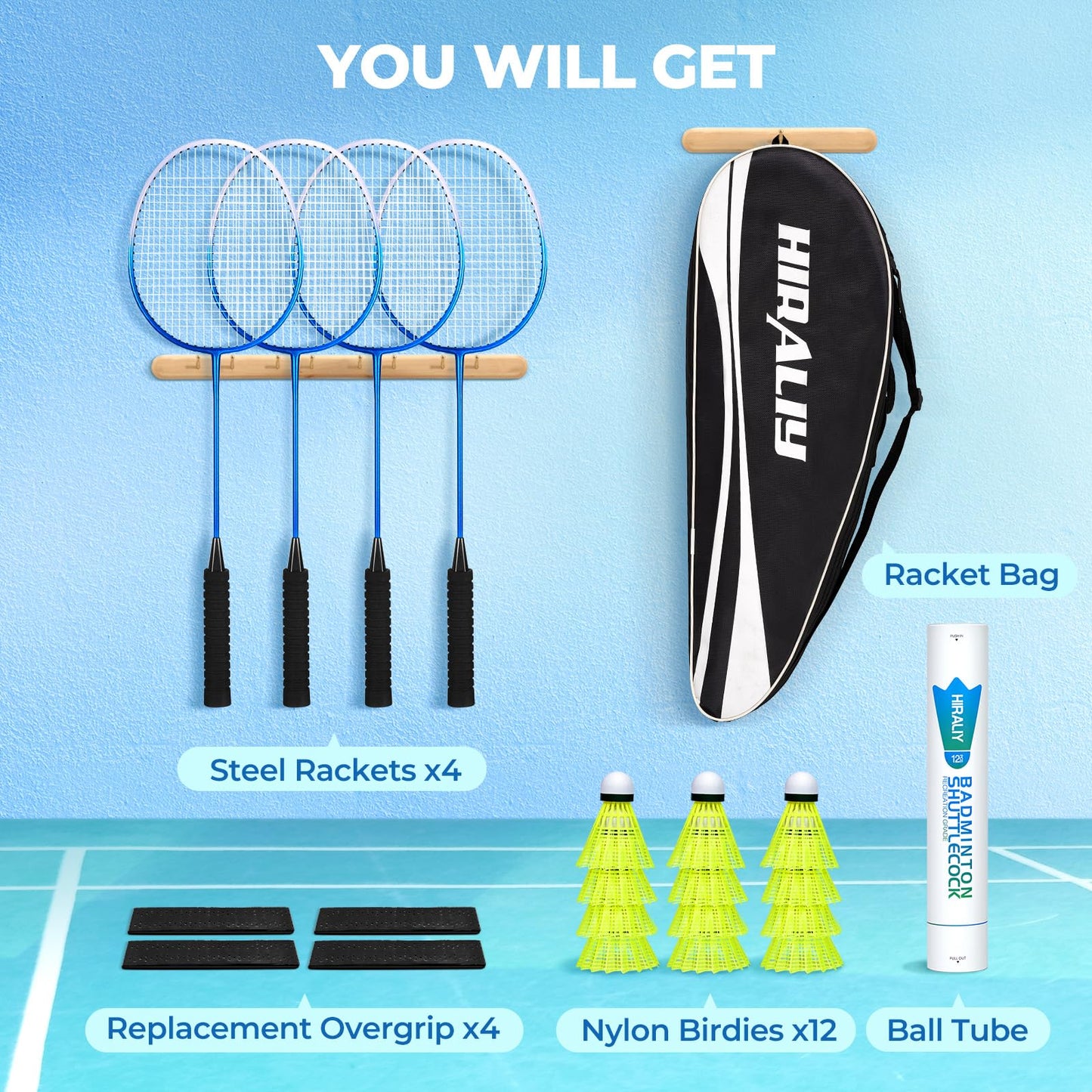 HIRALIY Badminton Rackets Set for Backyards, Lightweight Badminton Set of 4, Includ 4 Rackets, 12 Nylon Birdies, Replacement Grip Tapes, 1 Carrying Bag, Outdoor Games for Adults Family Kids Beginners