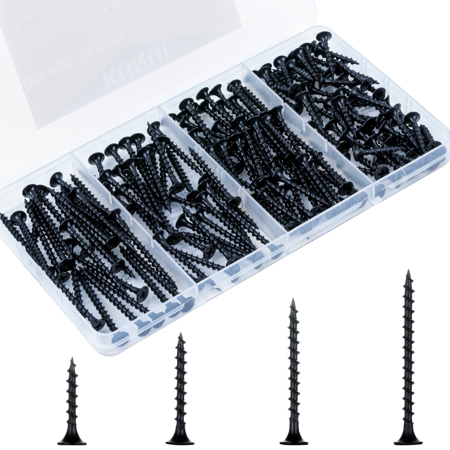 KURUI Drywall Screws Assortment Kit, #6 Black Wood Screws for Sheetrock,165pcs Picture Hanging Kit for Frame Painting Art Photo, Phillips Coarse Dry Wall Screw 4 Sizes 1",1-1/4",1-5/8",2"