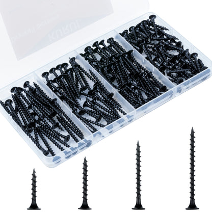 KURUI Drywall Screws Assortment Kit, #6 Black Wood Screws for Sheetrock,165pcs Picture Hanging Kit for Frame Painting Art Photo, Phillips Coarse Dry Wall Screw 4 Sizes 1",1-1/4",1-5/8",2"