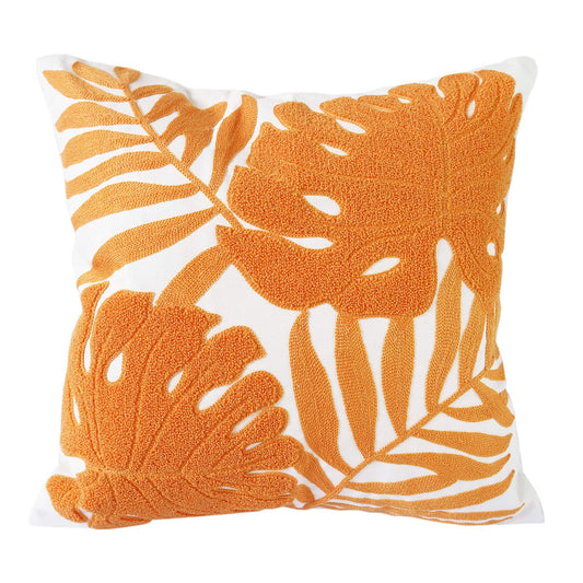 Hodeco Embroidery Throw Pillow Covers 18x18 Home Decor Floor Pillow Cover for Couch Bed Chair 100% Cotton Loop Embroidered Orange Tropical Leaves Cushion Cover Square Pillowcase 45x45cm, 1 Piece
