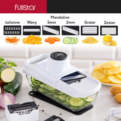 Fullstar Mandoline Slicer for Kitchen, Fruit Cutter, Cheese Grater, Cucumber Slicer, Food Cutter & Kitchen Gadgets (7 in 1, White)