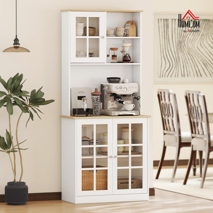 HOMCOM Kitchen Pantry Storage Cabinet, 72" Freestanding Cabinet with Hutch, Large Countertop, Glass Doors and Adjustable Shelves for Dining Room, White