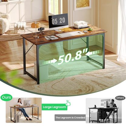 Huuger Computer Desk, 55 Inch Home Office Desk, Gaming Writing Work from Home Study Desk, Large Legroom, Sturdy Metal Frame, Modern Simple, Rustic Brown