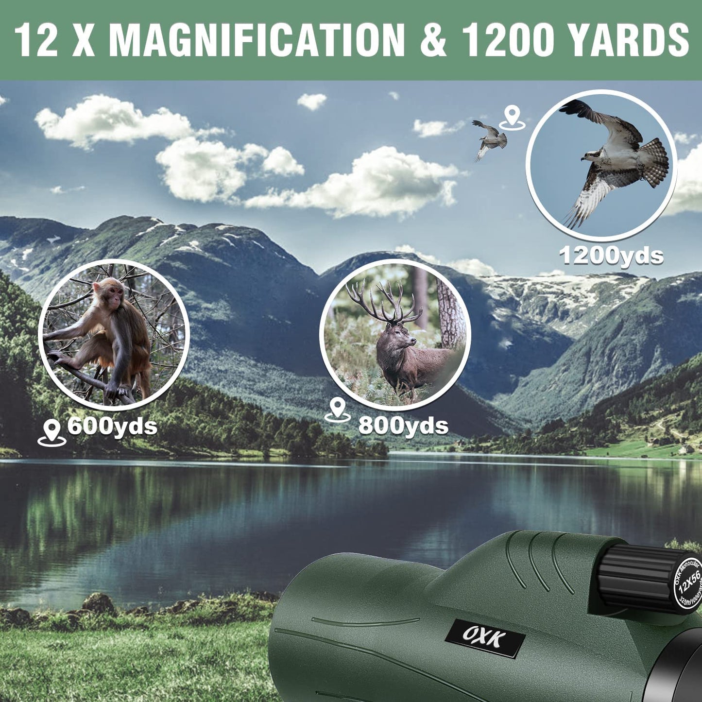 OXK Optics 12x56 High Power Monocular Telescope | Comes with Smartphone Adapter Tripod Travel Bag | Bird Watching Hunting Hiking Camping Gift - Green