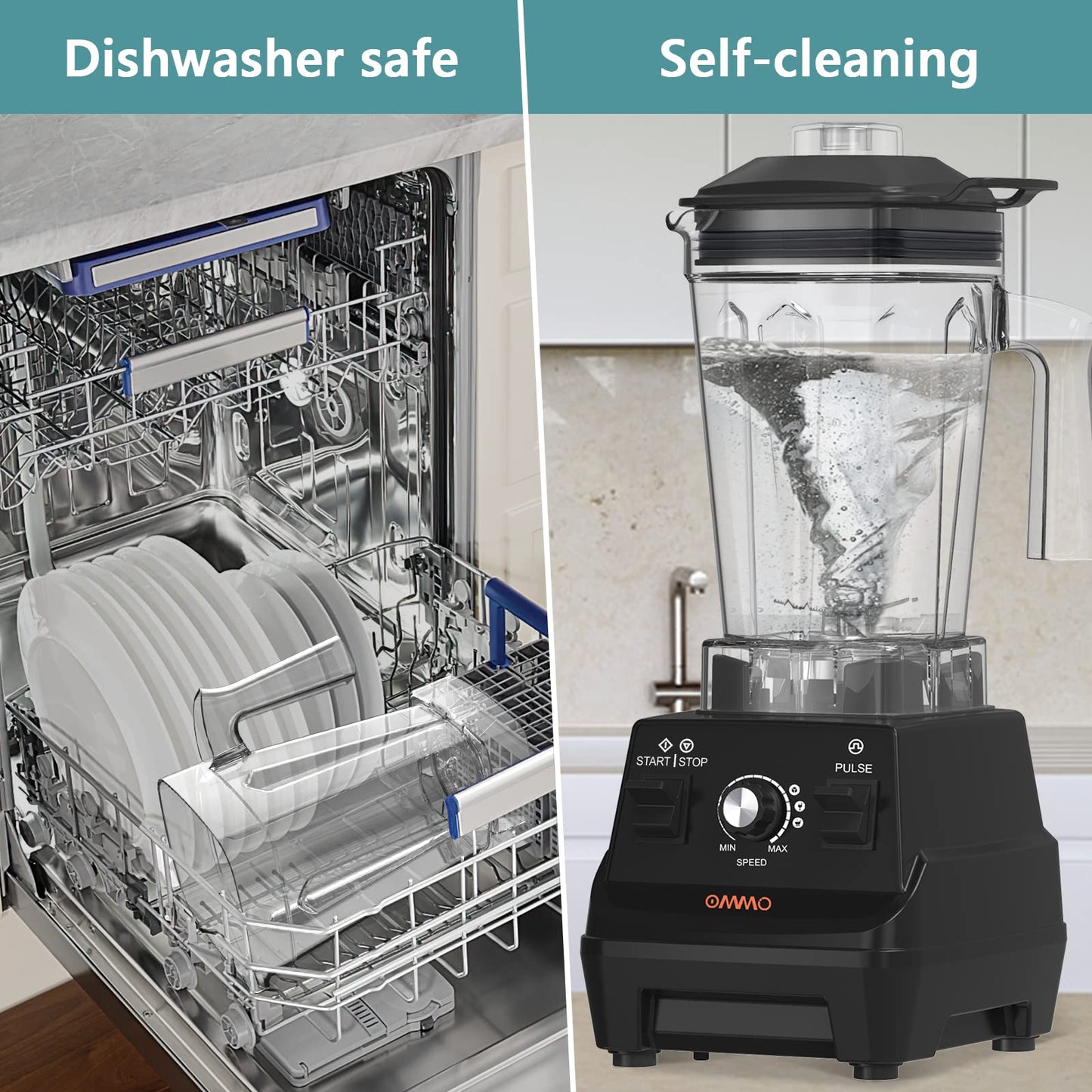 OMMO Blender 1800W, Professional High Speed Countertop Blender with Durable Stainless Steel Blades, 60oz BPA Free Blender for Shakes and Smoothies, Nuts, Ice and Fruits, Dishwasher Safe