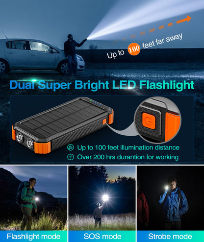 LATIMERIA 45800mAh Solar Charger Power Bank, Portable Phone Charger with USB C in/Output, 5V3.1A QC 3.0 Fast Charging Solar Panel for Cellphone, External Battery Pack with Dual Flashlights for Camping