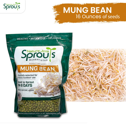 Nature Jims Premium Mung Bean Sprouting Seeds – 16 Oz – NON GMO- Resealable Bag for Longer Freshness – Rich in Vitamins, Minerals, Fiber