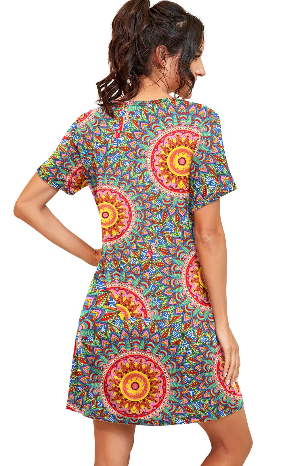 PrinStory Womens Sleepwear Short Sleeve Nightgown Soft Sleepshirt Pleated Nightshirt Scoopneck Casual Loungewear FP-Peacock Blue-Medium