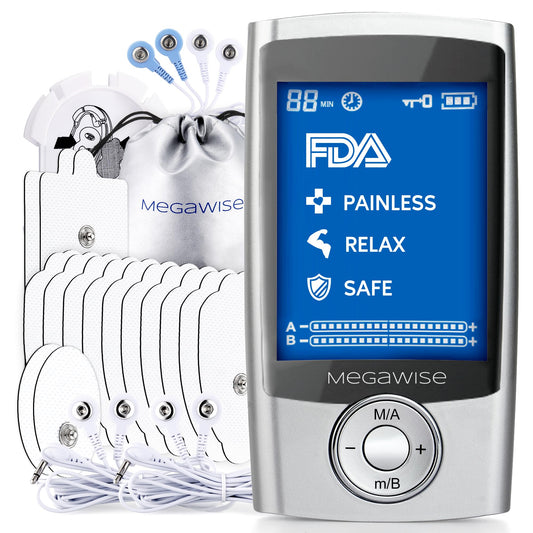 MegaWise EMS TENS Unit, 24 Modes with 14 Premium Pads, Dual Channel Muscle Stimulator for Back Pain Relief Therapy, Home Use, Ideal Gift for Mum and Dad