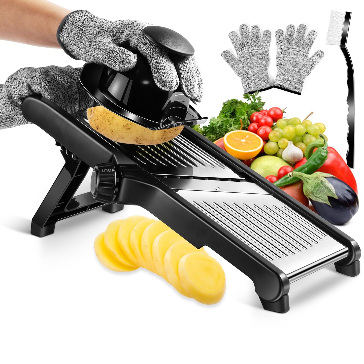 MASTERTOP Mandoline Slicer Adjustable Stainless Steel Food Slicer for Kitchen Vegetable Slicer Onion Potato Fruit French Fry Cutter Potato Chip Julienne Slicer with Cut Resistant Gloves