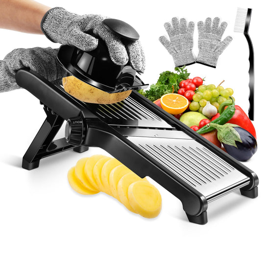 MASTERTOP Mandoline Slicer Adjustable Stainless Steel Food Slicer for Kitchen Vegetable Slicer Onion Potato Fruit French Fry Cutter Potato Chip Julienne Slicer with Cut Resistant Gloves