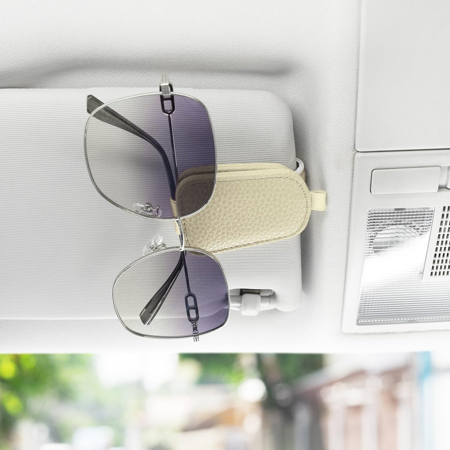 SINGARO Sunglasses Holder for Car, Leather Magnetic Buckle Sun Visor Sunglass Clip, Ticket Card Storage Glasses Clip, Car Interior Accessories for Men and Women（2PCS Beige）