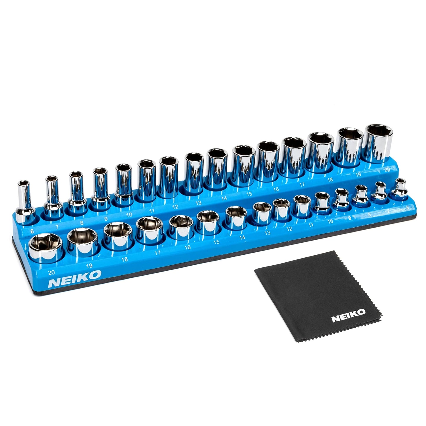 NEIKO 03971A Magnetic Socket Holder | 3/8” Drive | 6mm-20mm | Holds Shallow & Deep Sockets Tray | Metric Socket Organizer | 30 Hole Tool Box Storage | Scratch Free Mounting | High Visibility