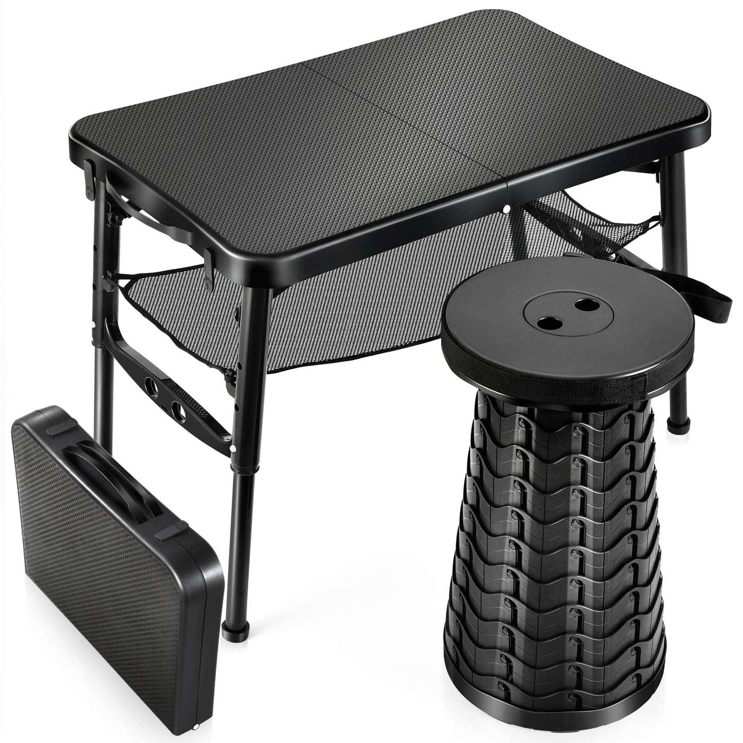 KPR Retractable Small Folding Table and Stool Set, Portable Camping Foldable Table Lightweight Yet More Sturdy with Adjustable Stool for Outdoor Picnic, Beach, Camp, Also Ideal as Laptop Bed Desk