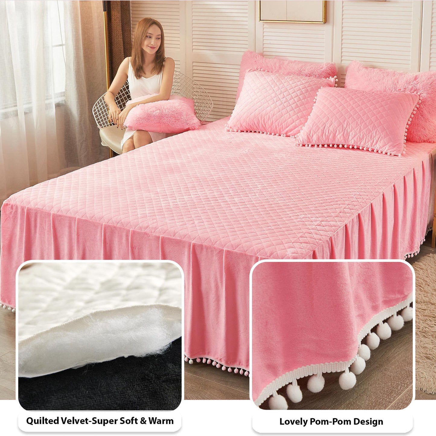 LIFEREVO Luxury Pom Poms Velvet Bed Skirt, Velvet Wrap Around Bed Skirt, Diamond Quilted Fitted Bed Sheet with Bedskirt, 18 Inch Drop Dust Ruffle Decorative Bedspread Pompoms Fringe(Full/Queen, Pink)