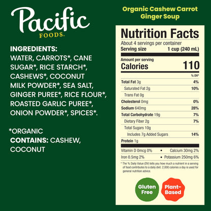 Pacific Foods Organic Cashew Carrot Ginger Soup, 32 oz Carton