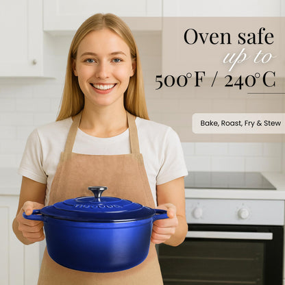 Nuovva Enamelled Cast Iron Dutch Oven Pot with Lid – 6.4 Quart Non Stick Casserole Pot – Heavy Duty & Oven Safe up to 500° F for Bread Baking, Braising, Stews, Roasting – 28cm Dark Blue