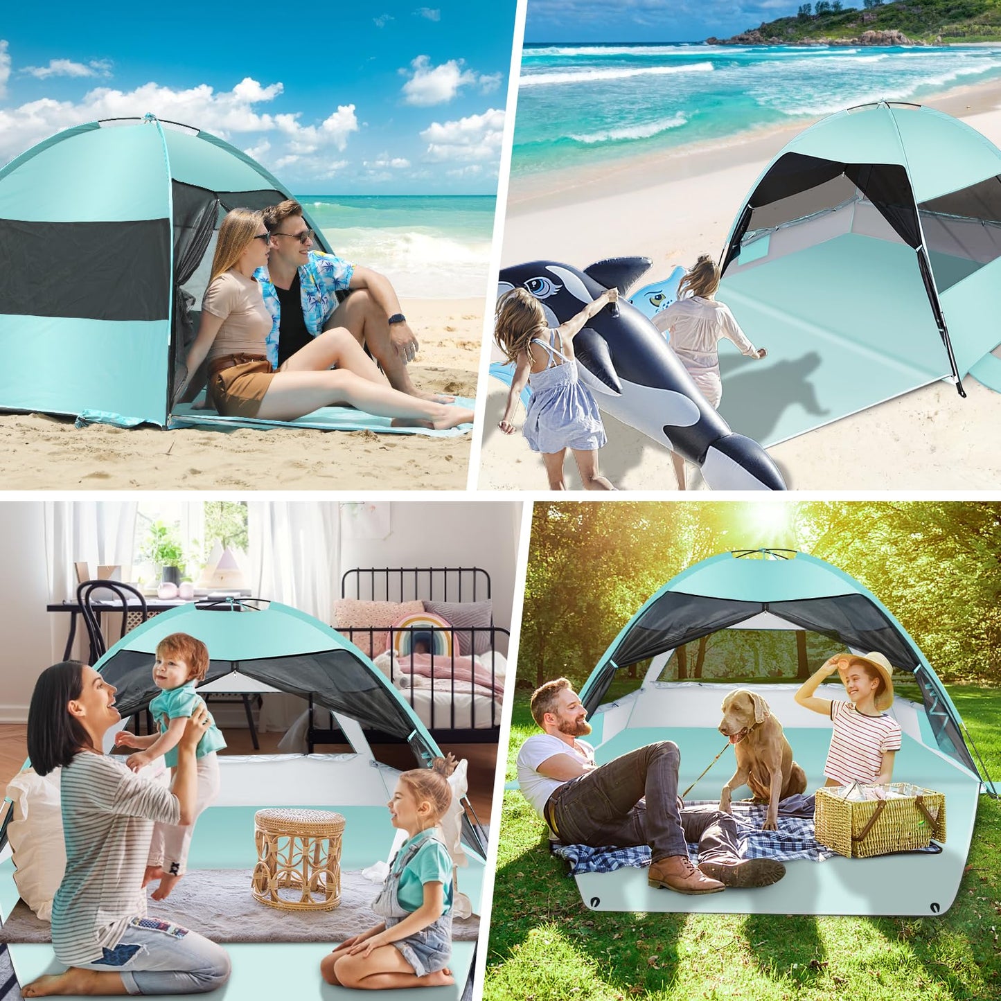 Large Easy Setup Beach Tent,Anti-UV Beach Shade Beach Canopy Tent Sun Shade with Extended Floor & 3 Mesh Roll Up Windows Fits 3-4 Person,Portable Shade Tent for Outdoor Camping Fishing (Mint Green)