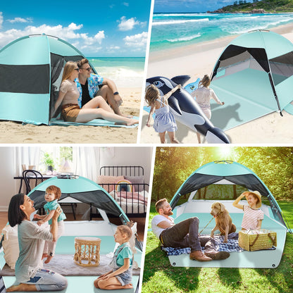 Large Easy Setup Beach Tent,Anti-UV Beach Shade Beach Canopy Tent Sun Shade with Extended Floor & 3 Mesh Roll Up Windows Fits 3-4 Person,Portable Shade Tent for Outdoor Camping Fishing (Mint Green)